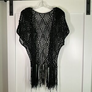 Open Knit Crochet Cardigan Long Sweater Boho Fringe Sz Medium Black Y2k Festival